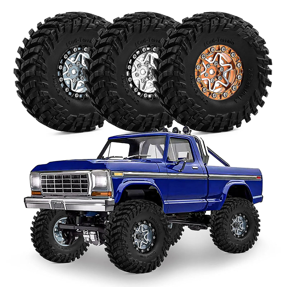 A blue 1/18 scale off-road truck is shown with four black aluminum RC crawler tires mounted on its wheels.