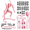 A pink magnetic multi-jointed action figure building set with various accessories and a display stand.