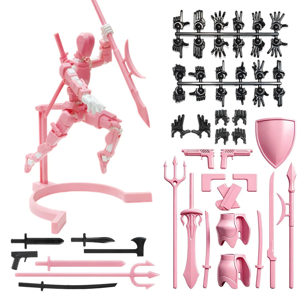 A pink magnetic multi-jointed action figure building set with various accessories and a display stand.