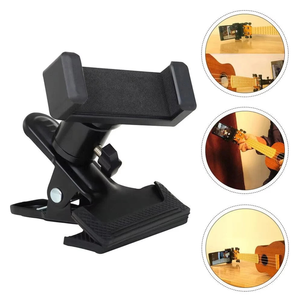 Black guitar headstock phone clip with 360 degree rotation shown in various angles.