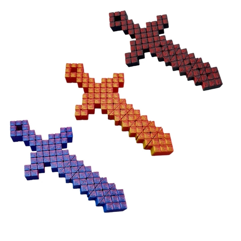 Pixel art extendable sword made of interlocking red, orange, and blue blocks.