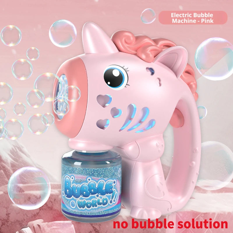 Pink electric bubble machine shaped like a unicorn with pink hair and a purple bottle of bubble solution