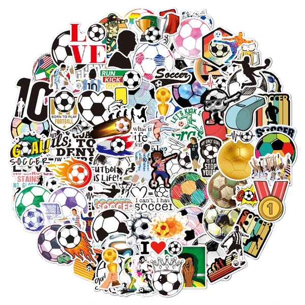 A collection of diverse soccer and sports themed decals stickers featuring various footballs, players, and related graphics.