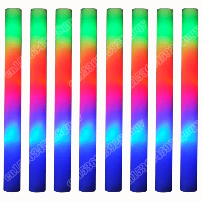 A row of thirty giant foam LED glow sticks in various colors and modes.