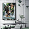 A framed print of a majestic eagle in flight against a waterfall background.