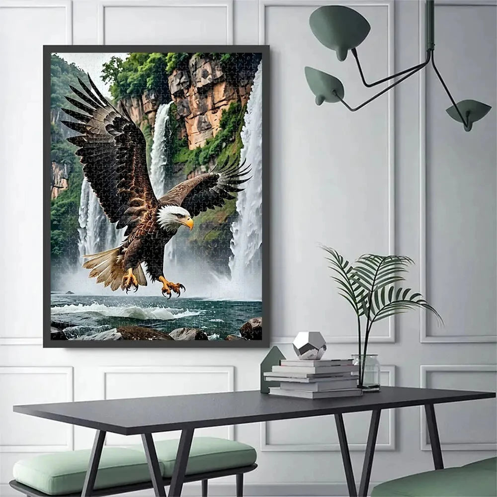 A framed print of a majestic eagle in flight against a waterfall background.