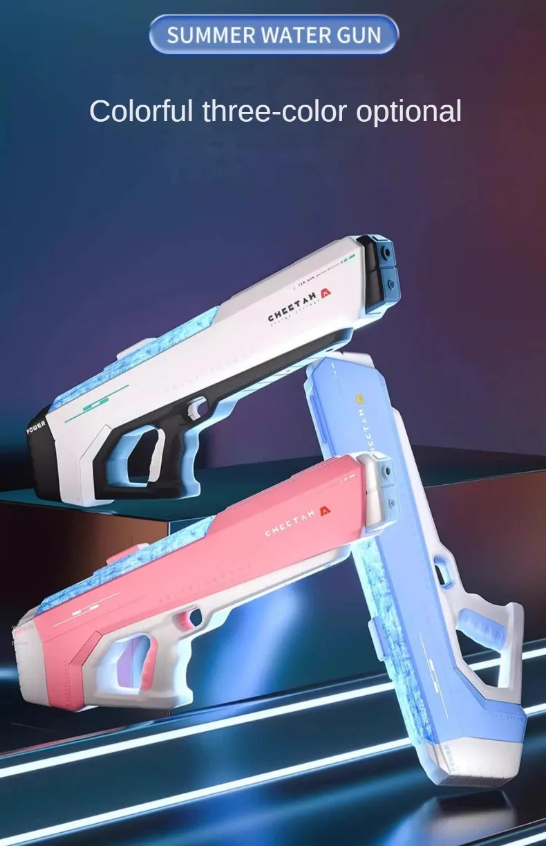 A white and blue high-pressure electric water gun is displayed against a dark background.