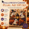 A DIY kit featuring carved ghost and pumpkin designs made from sparkling pearl beads on a canvas board.