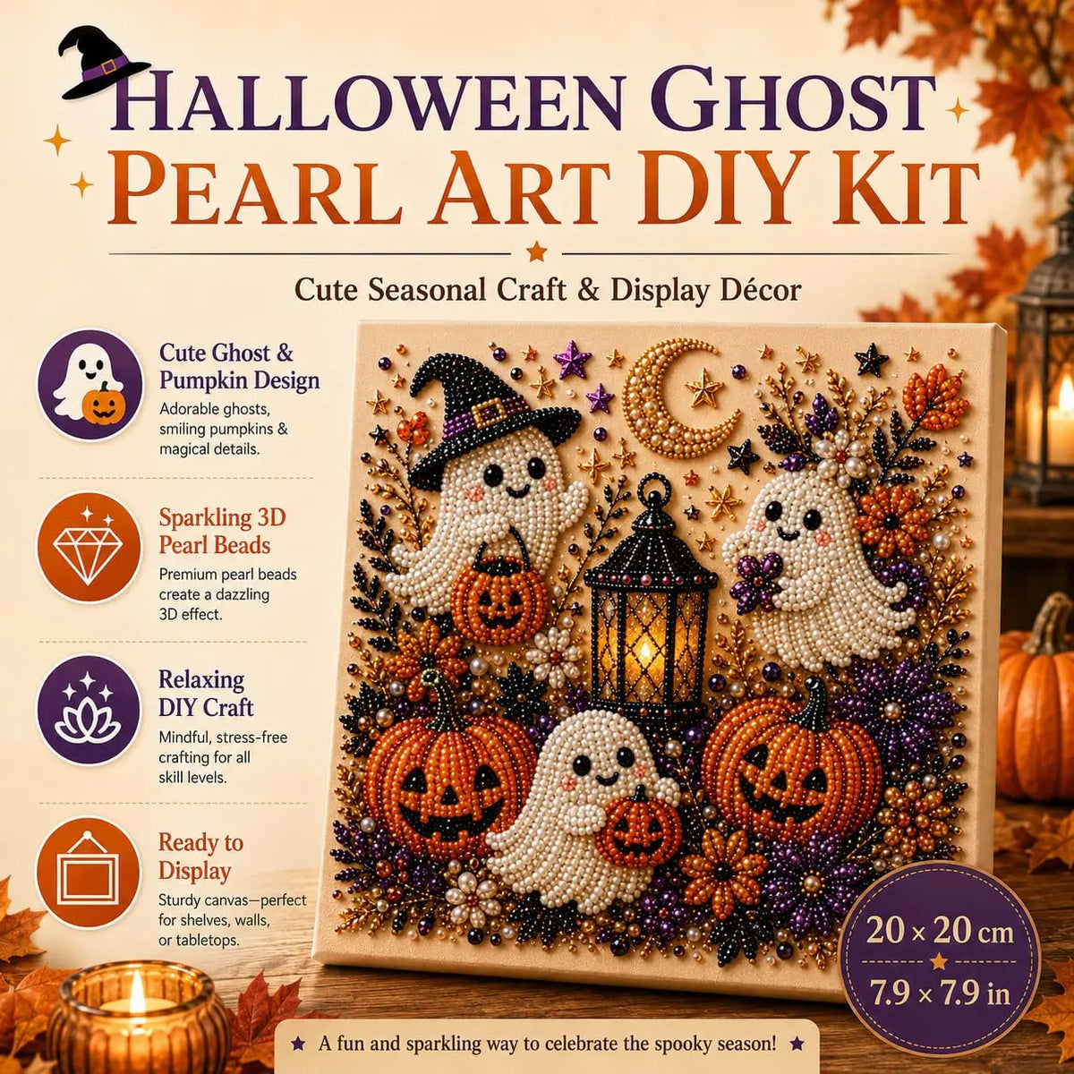 A DIY kit featuring carved ghost and pumpkin designs made from sparkling pearl beads on a canvas board.