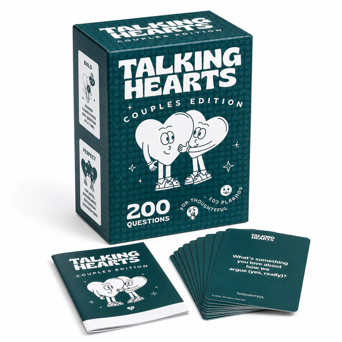 A box of Talking Hearts Couples Edition conversation cards with 200 questions for date night and travel.