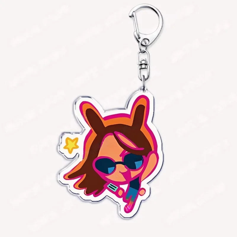 A chibi acrylic keychain featuring an anime-style character with orange hair and sunglasses on a silver keyring.