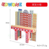 A wooden train track accessory set featuring buildings and structures, including an airport and gas station scene.