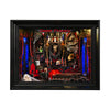 A dark, ornate wooden book nook display featuring a Dracula theme with intricate details and LED lighting.