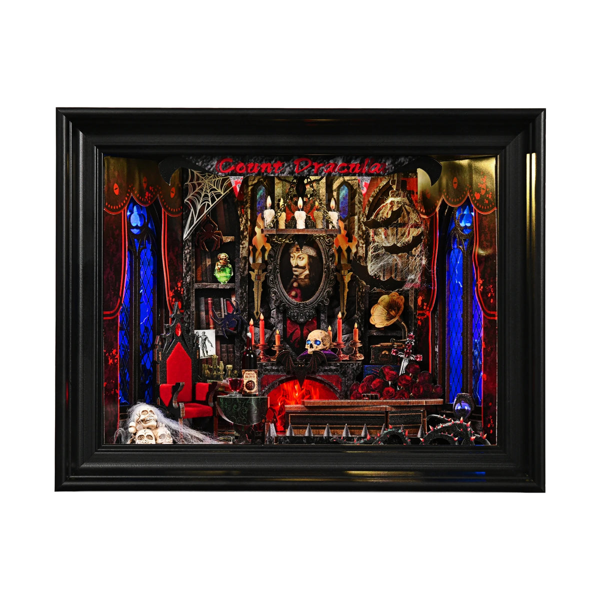 A dark, ornate wooden book nook display featuring a Dracula theme with intricate details and LED lighting.