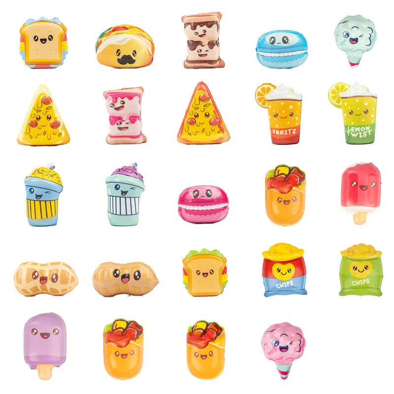 A collection of colorful squishy donuts and food items used as fidget stress relief keychains.