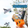 An orange catapult toy is shown launching three foam airplane models against a cloudy sky.