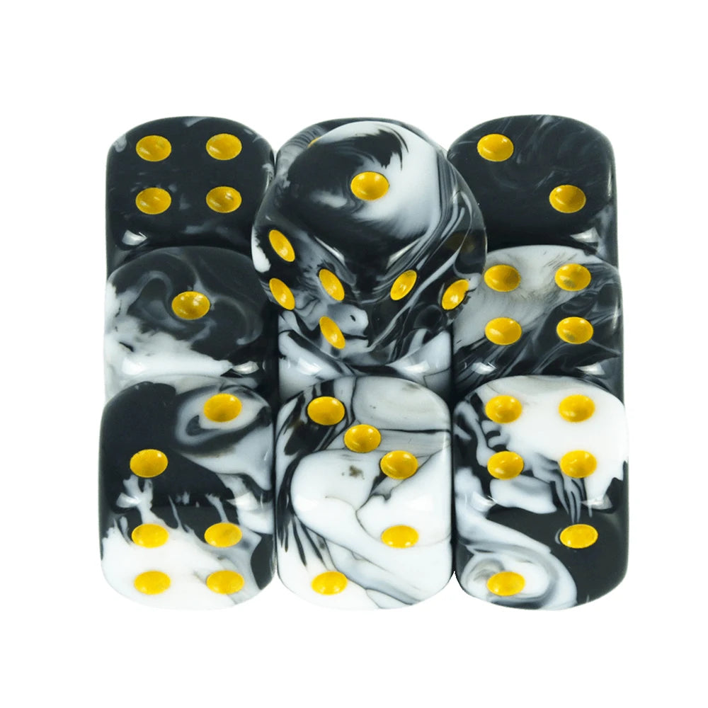 A set of ten mixed-color dice featuring black and white marbled patterns with yellow dots.
