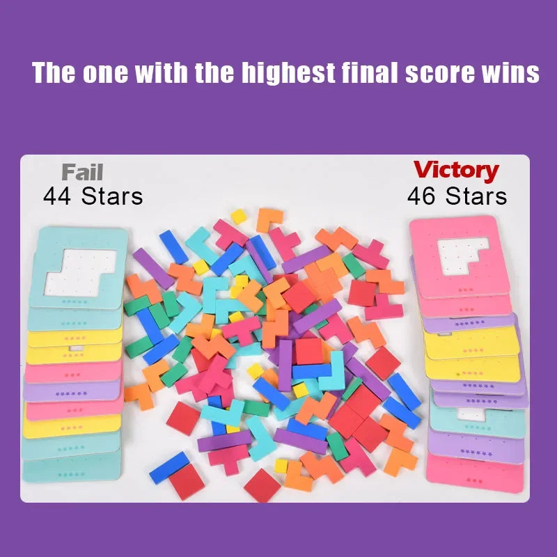 A game showing a Fail pile of 44 stars and a Victory pile of 46 stars made of colorful wooden tangram pieces.