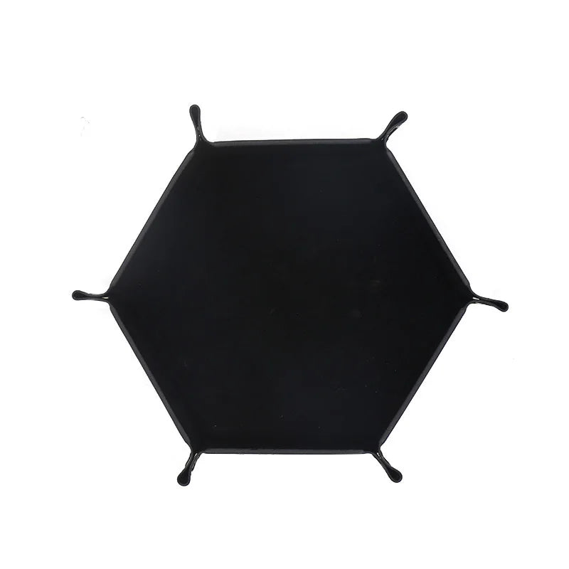 Black foldable PU leather hexagonal dice tray for tabletop games and desk organization