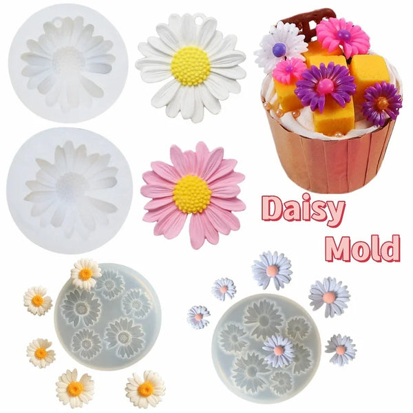 Set Silikon-Blütenformen zum Tortendekorieren, inklusive Blumenformen und einem fertigen Kuchen.