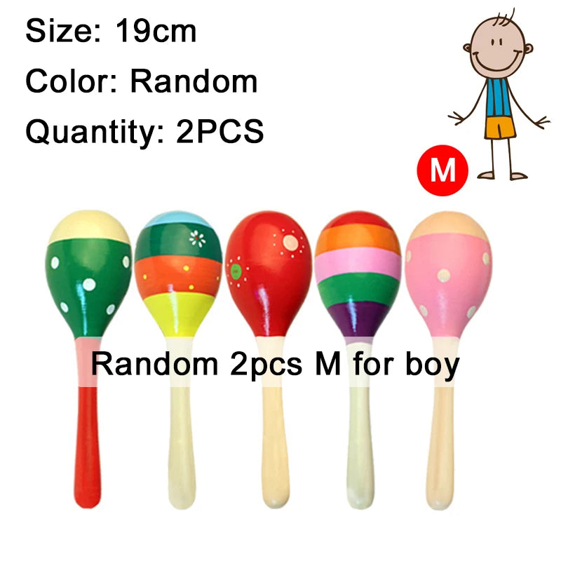 Five wooden sand hammers for boys in various colors and designs