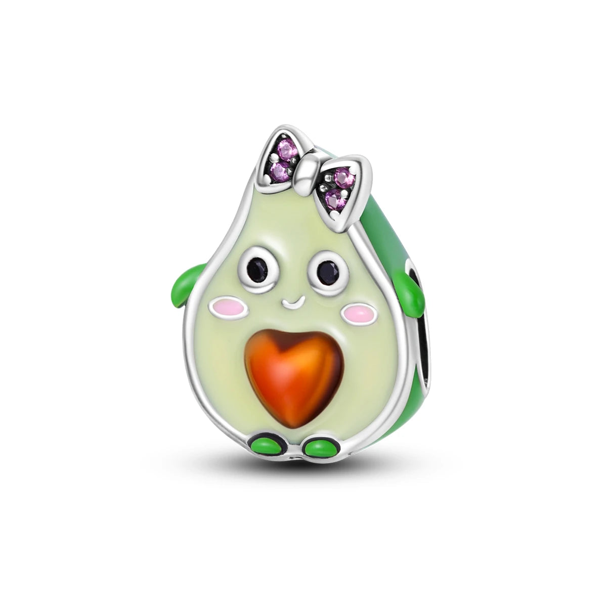 A small, pear-shaped charm bead made of light green and pink materials with a heart design and a bow detail.