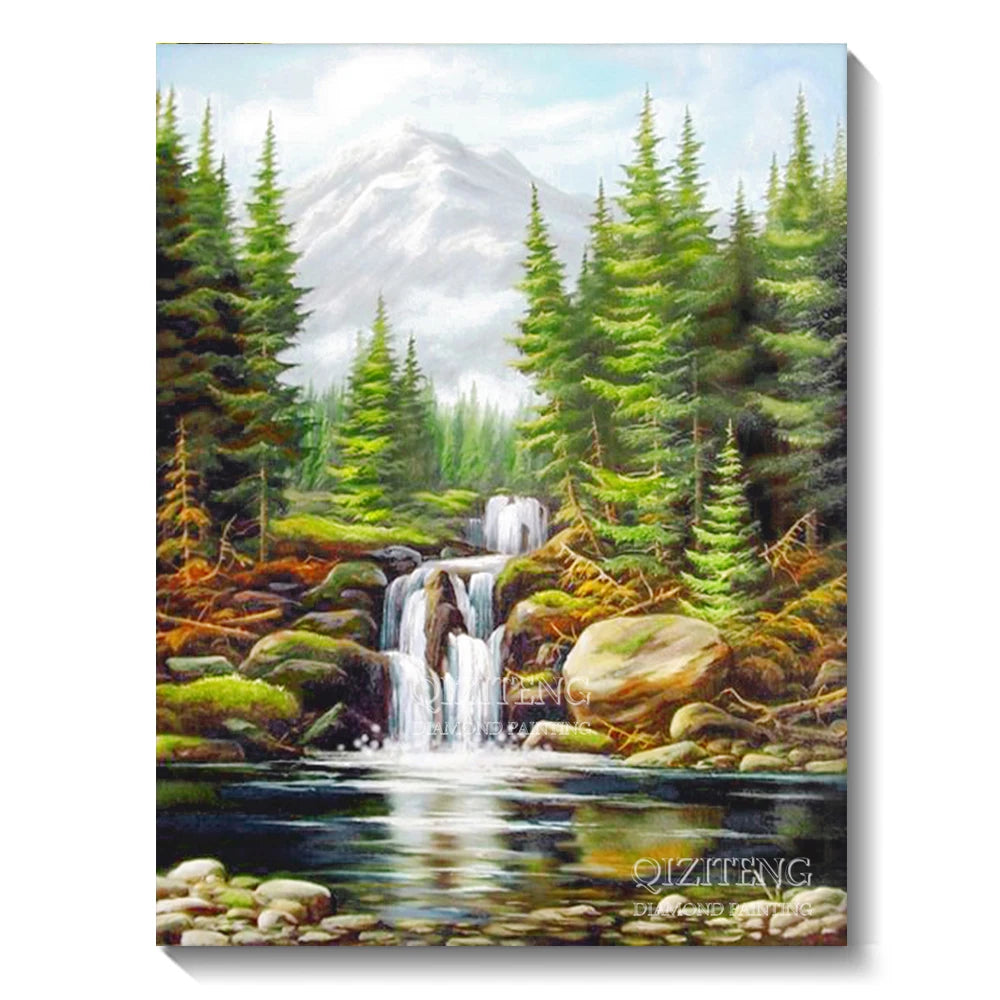 A diamond painting depicting a lush green forest landscape with cascading waterfalls and mossy rocks.
