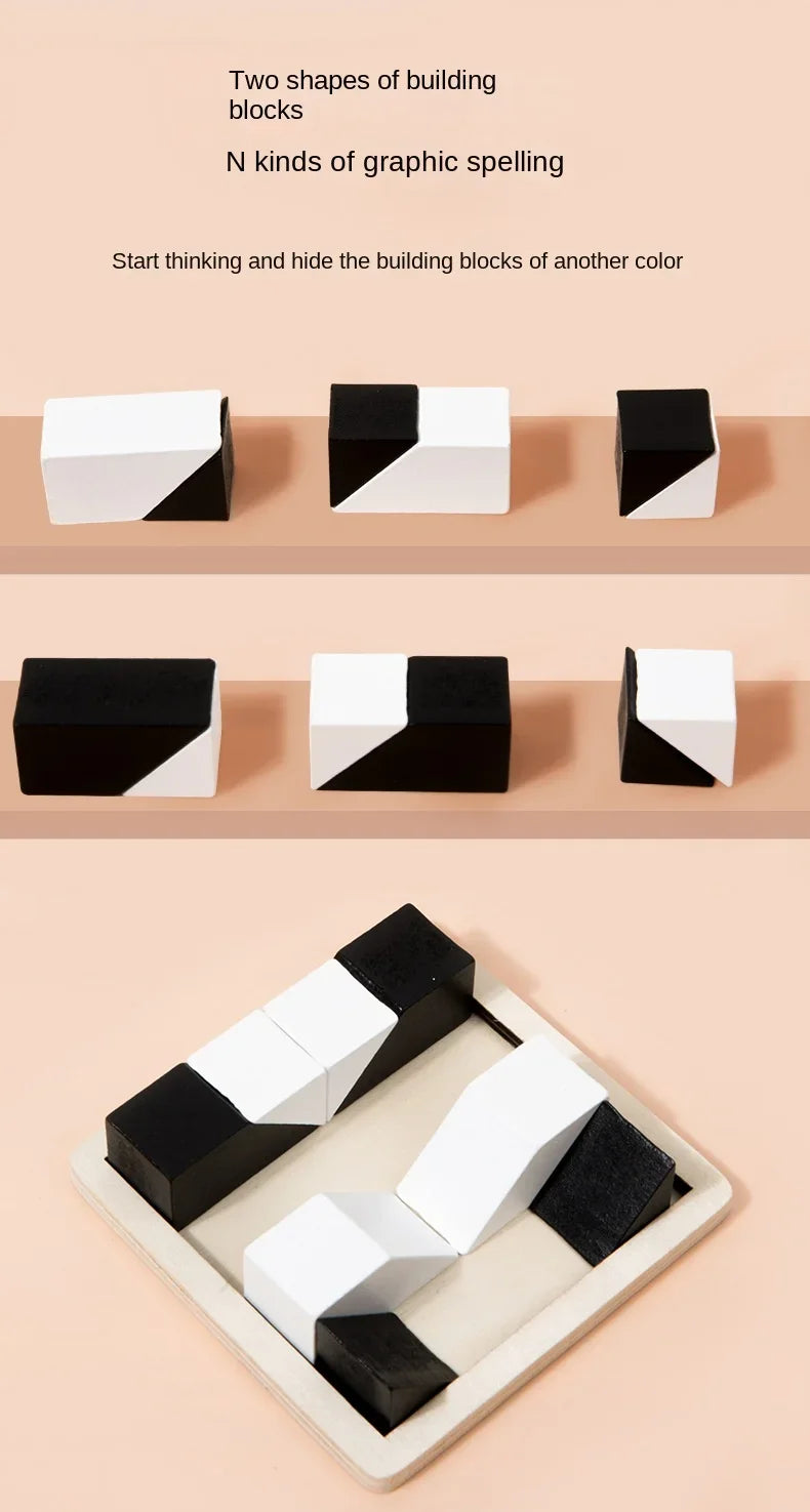 Un ensemble de blocs de construction en bois géométriques noir et blanc, de différentes formes et couleurs.