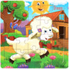 A jigsaw puzzle featuring a white sheep in a green field with a wooden barn and trees.