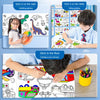 Kids DIY Drawing Scroll showing various painting activities like sticking on walls, tables, and floors