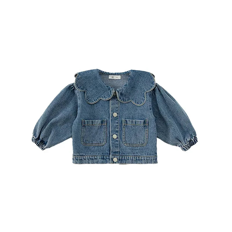 A blue denim jacket for kids featuring a ruffled collar and chest pockets.