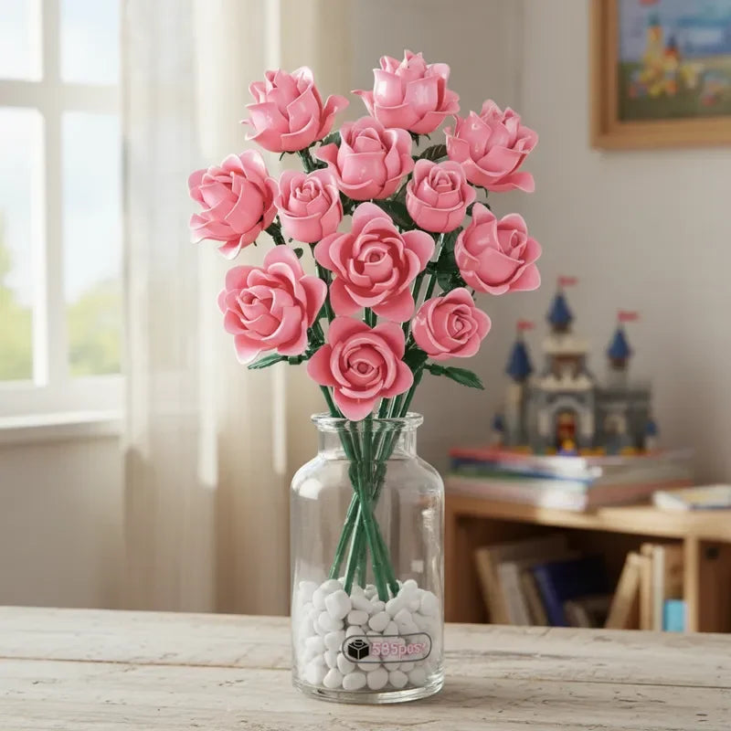 A bouquet of pink roses made from 585 building blocks displayed in a glass vase.