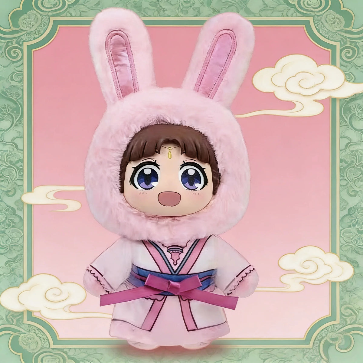 A plush blind box of a rabbit-eared girl in pink attire against a light green background with clouds.