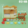 A beige dollhouse furniture playset featuring a mini kitchen and living room set with various accessories.