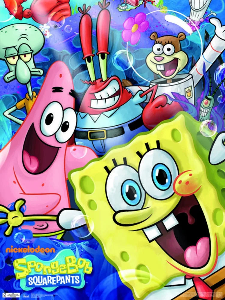 A vibrant illustration featuring SpongeBob SquarePants characters like SpongeBob and Patrick in a diamond painting style.