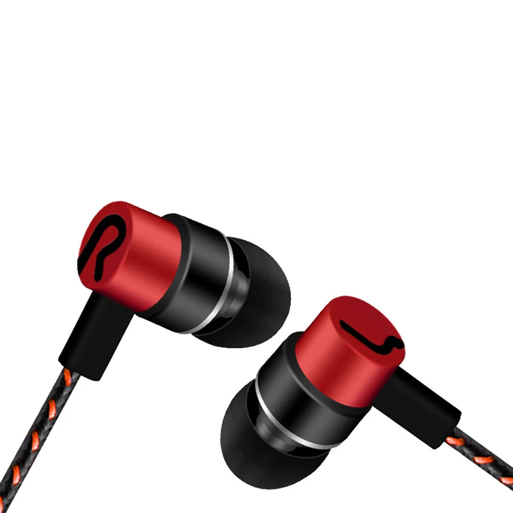 A pair of red and black in-ear wired earbuds with a visible connector cable.