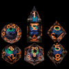 A collection of seven sharp edge resin dice shaped like dragon eyes, featuring various numbers and symbols.