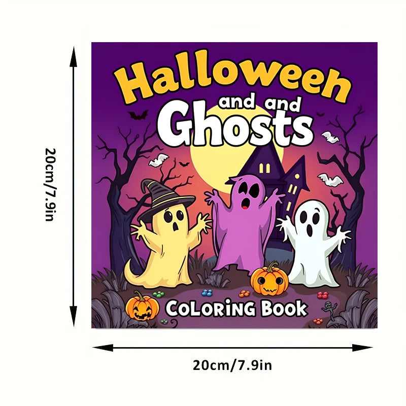 Cover of a Halloween and Ghosts coloring book featuring spooky characters like a yellow ghost, purple ghost, and white ghost 