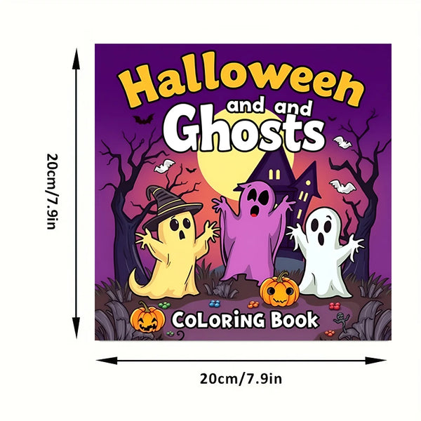 Couverture d'un livre de coloriage d'Halloween et de fantômes avec des personnages effrayants : un fantôme jaune, violet et b