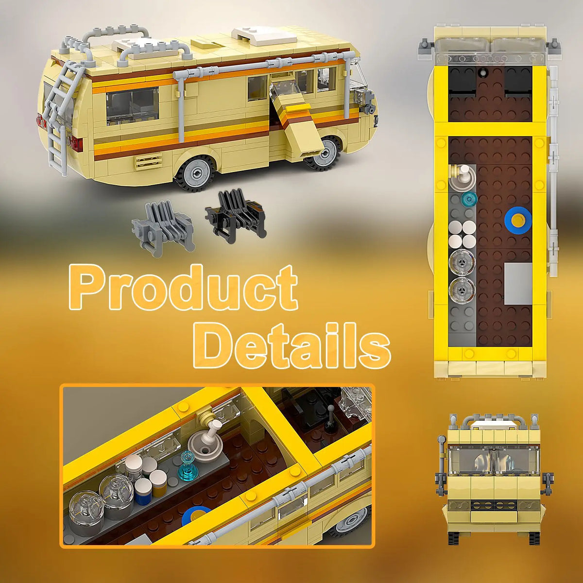A yellow Breaking Bad RV building blocks set model kit shown with separate pieces and assembled views.