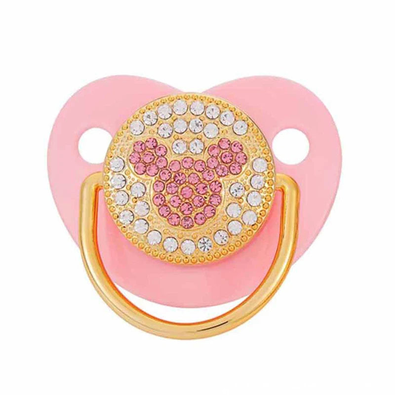 Rose gold crystal bling pacifier with pink silicone shield and gold ring for newborns