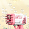 A pink and white rocket boom bubble gun is shown with a ladder and bubbles on a plate.