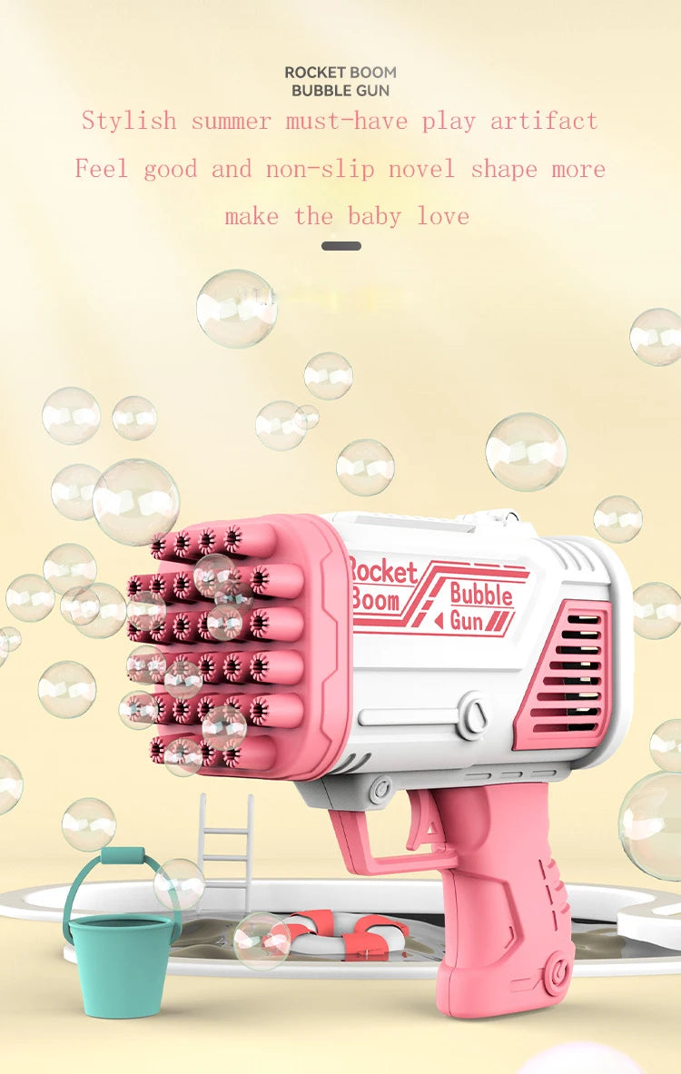 A pink and white rocket boom bubble gun is shown with a ladder and bubbles on a plate.