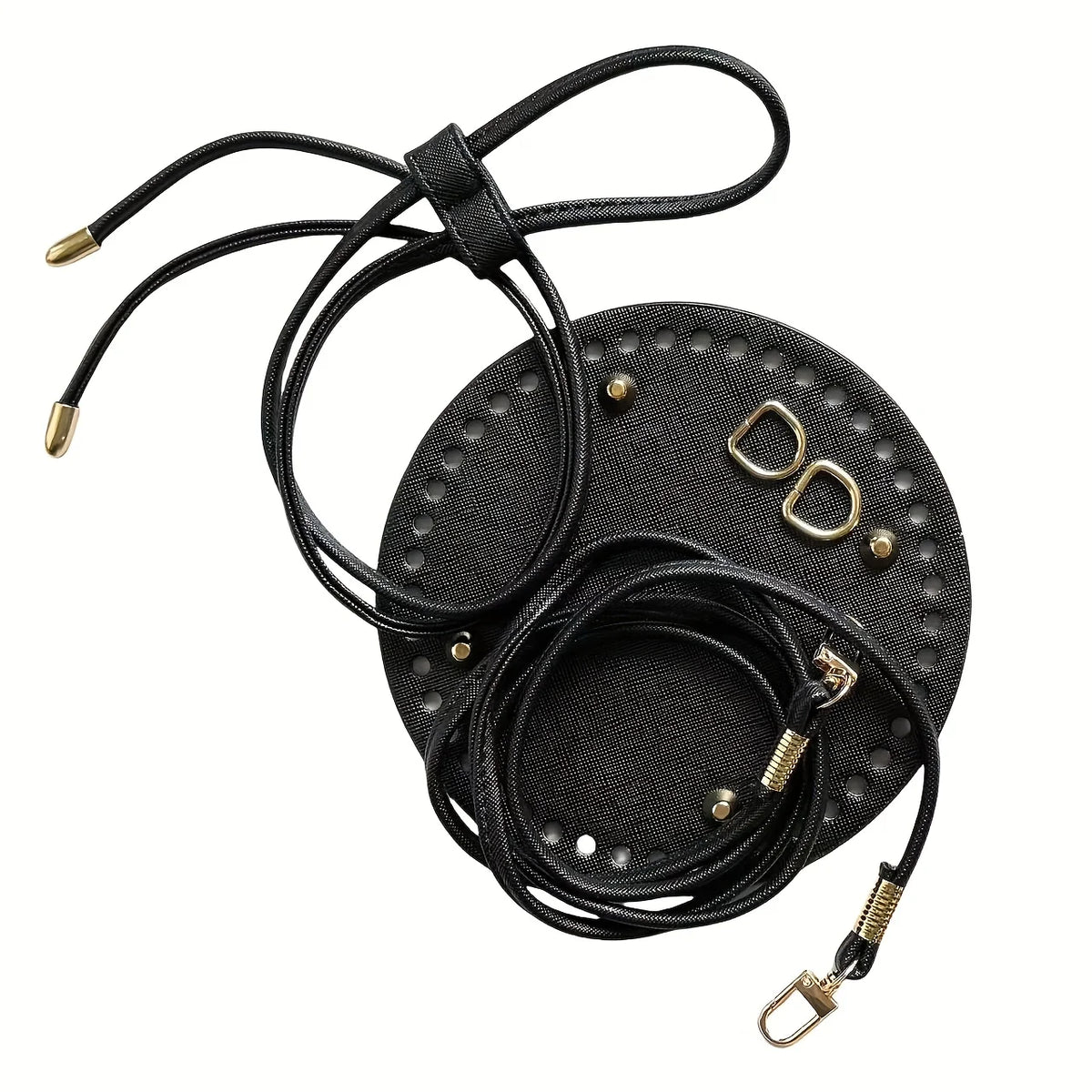 Black crochet dumpling bag hardware kit featuring an adjustable strap and gold-toned components.