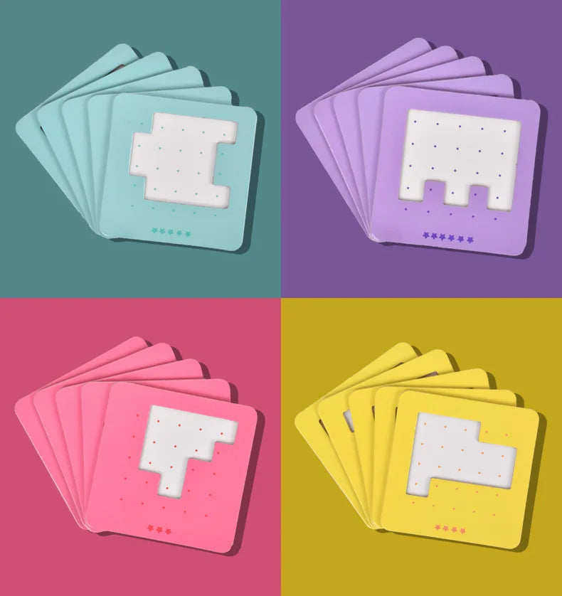 A set of wooden tangram puzzle cards in various pastel colors, including light blue, purple, and pink.
