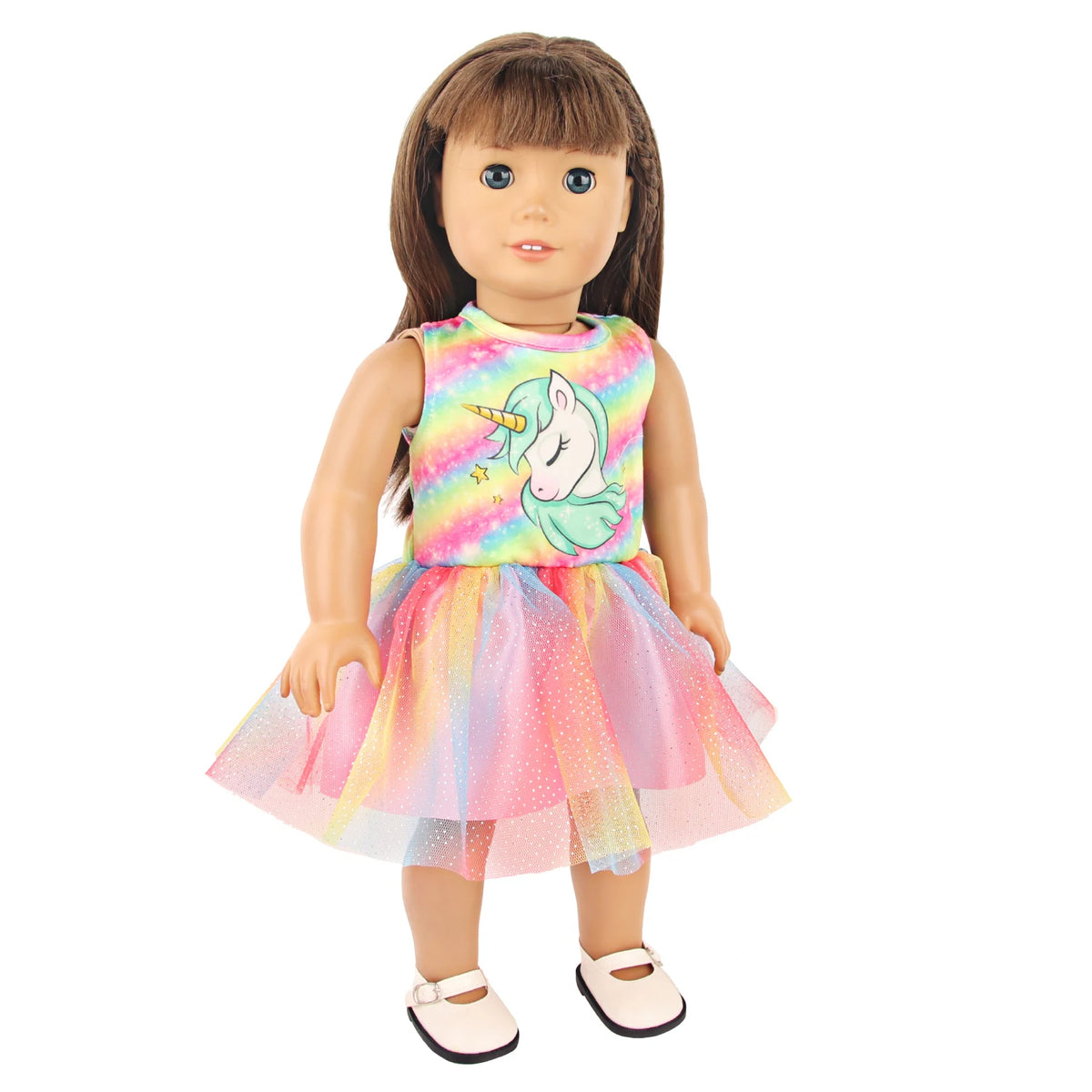 A doll wearing a colorful unicorn themed outfit featuring a pink and yellow tulle skirt.