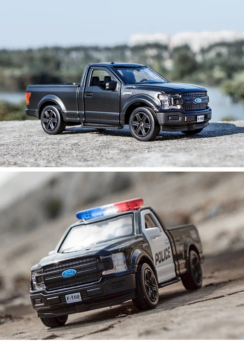 A black Ford F-150 SVT Raptor diecast model truck parked on a dirt road.