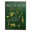 A dark green box for The Practical Witch's Spell Deck featuring gold text and a wreath of green foliage.
