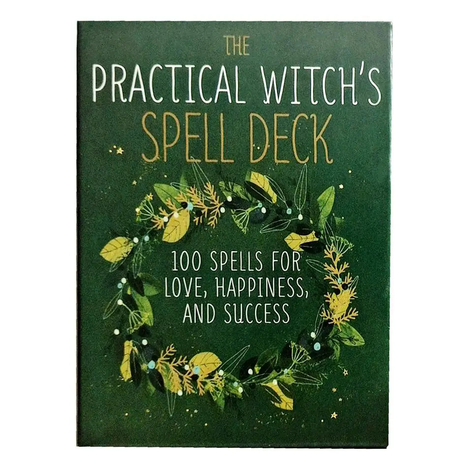 A dark green box for The Practical Witch's Spell Deck featuring gold text and a wreath of green foliage.