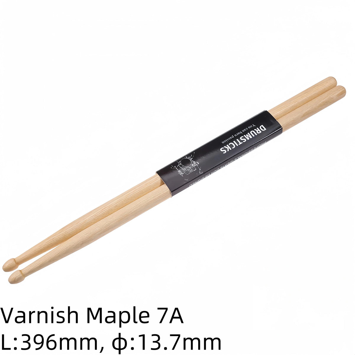 A pair of varnished maple drumsticks with a black grip and wooden shafts.